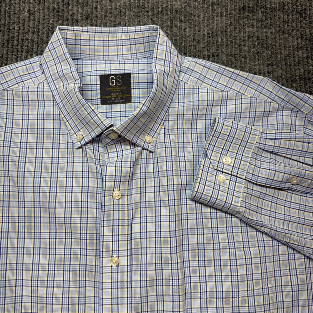 GS Gold Series Wrinkle Free Shirt Mens 19 35/36 Plaid Classic Fit Button Down